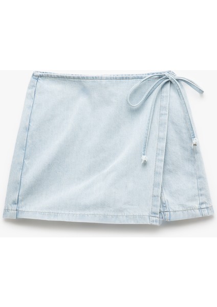 Pamuklu Bağlama Detaylı Mini Denim Şort Etek