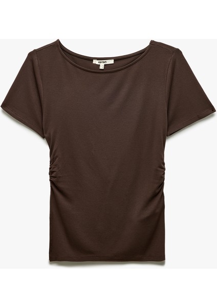 Drape Detaylı Slim Fit Kısa Kollu Yuvarlak Yaka Viskon Tişört