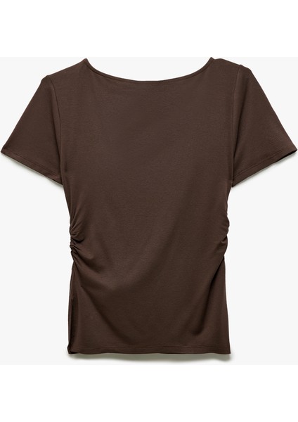 Drape Detaylı Slim Fit Kısa Kollu Yuvarlak Yaka Viskon Tişört