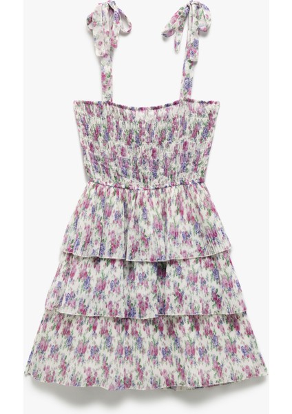 Katlı Volanlı Askılı Kare Yaka Çiçekli Viskon Mini Elbise modelleri