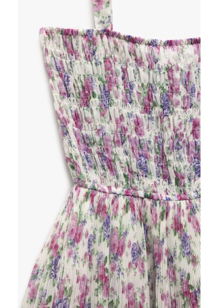 Katlı Volanlı Askılı Kare Yaka Çiçekli Viskon Mini Elbise indirimleri