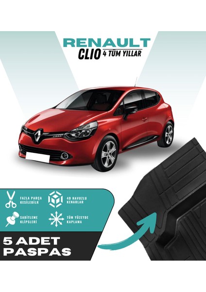 Renault Clio 4 Tüm Yıllar 5'li Paspas Seti Yüksek Kalite Kesilebilir Universal Oto Paspas