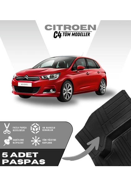 Citroen C4 Tüm Modeller 5'li Paspas Seti Yüksek Kalite Kesilebilir Universal Oto Paspas