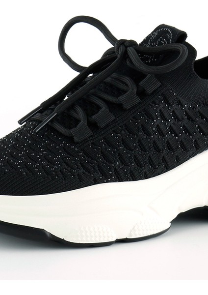 Siyah Örgü Dokuma Taş Detaylı Bağcıklı Slip-On Sneaker