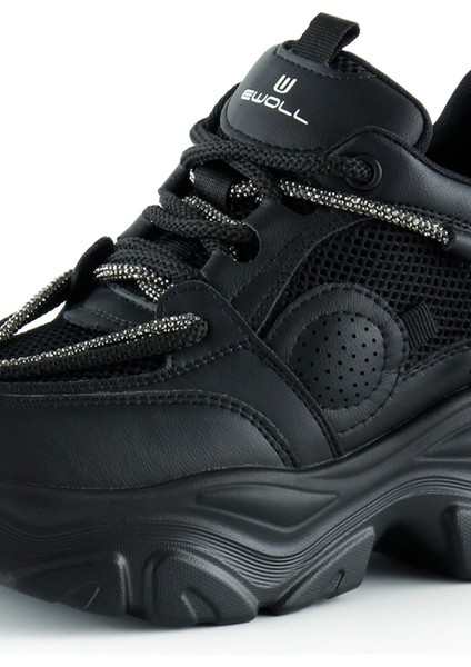 Siyah Yüksek Taban Spor Fileli Taşlı Bağcıklı Platform Sneaker