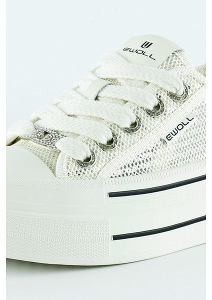 Beyaz Yüksek Taban Spor Fileli Taşlı Bağcıklı Platform Sneaker