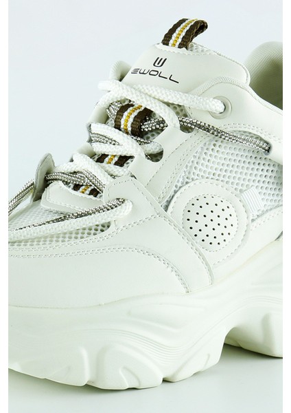 Ekru Yüksek Taban Spor Fileli Taşlı Bağcıklı Platform Sneaker