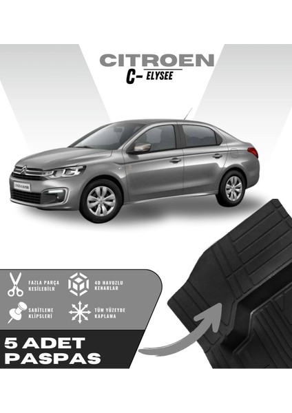 Citroen C-Elysee 5'li Paspas Seti Yüksek Kalite Kesilebilir Universal Oto Paspas
