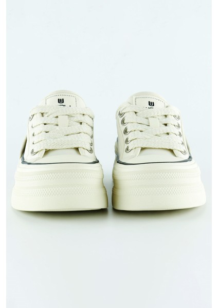 Bej Saten Yüksek Taban Spor Taşlı Bağcıklı Platform Sneaker
