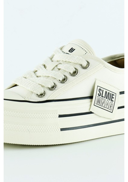 Bej Saten Yüksek Taban Spor Taşlı Bağcıklı Platform Sneaker
