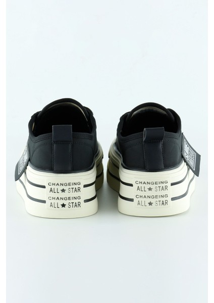 Siyah Saten Yüksek Taban Spor Taşlı Bağcıklı Platform Sneaker