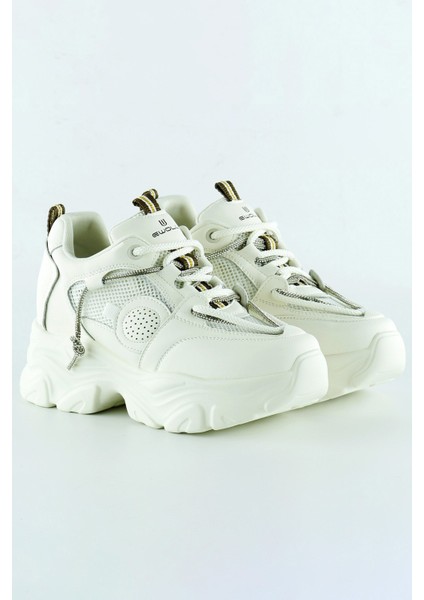 Ekru Yüksek Taban Spor Fileli Taşlı Bağcıklı Platform Sneaker