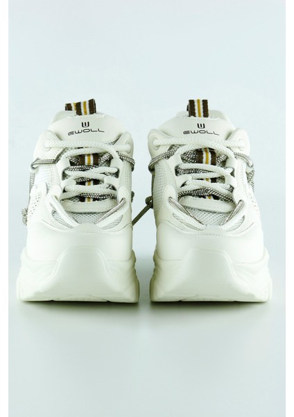 Ekru Yüksek Taban Spor Fileli Taşlı Bağcıklı Platform Sneaker fiyatları