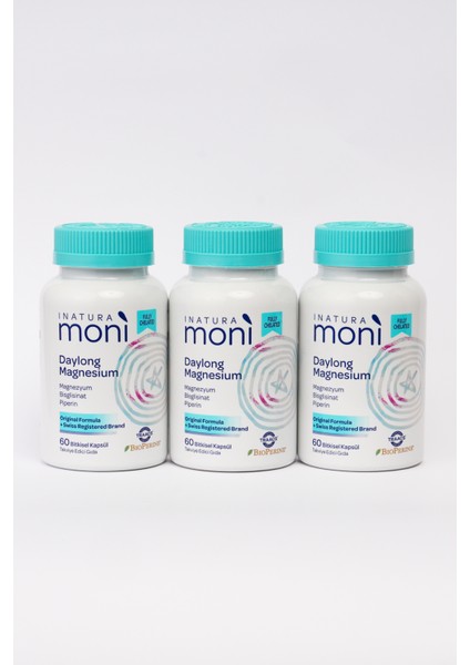 3'lü Moni Daylong Magnesium Magnezyum Bisglisinat, Magnezyum Sitrat, B6 Vitamini, Piperin 60 Vegan Kapsül