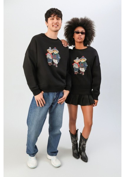 Bisiklet Yaka Teddy Sevgili Kombini Şardonlu Yumuşak Dokulu Sweatshirt