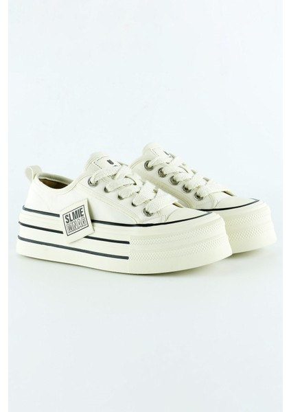 Bej Saten Yüksek Taban Spor Taşlı Bağcıklı Platform Sneaker