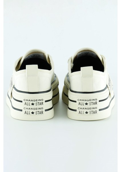 Bej Saten Yüksek Taban Spor Taşlı Bağcıklı Platform Sneaker modelleri