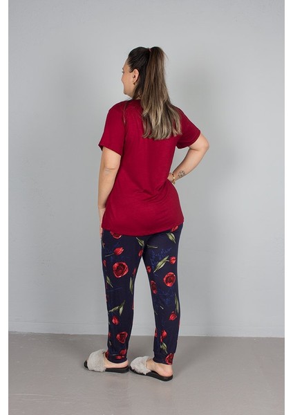 Büyük Beden Alt Çiçek Desenli Üst Bordo Pijama Takım