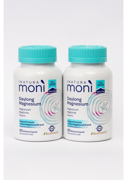 2'li 90 Kapsül Moni Daylong Magnesium Magnezyum Bisglisinat, Magnezyum Sitrat, B6 Vitamini, Piperin