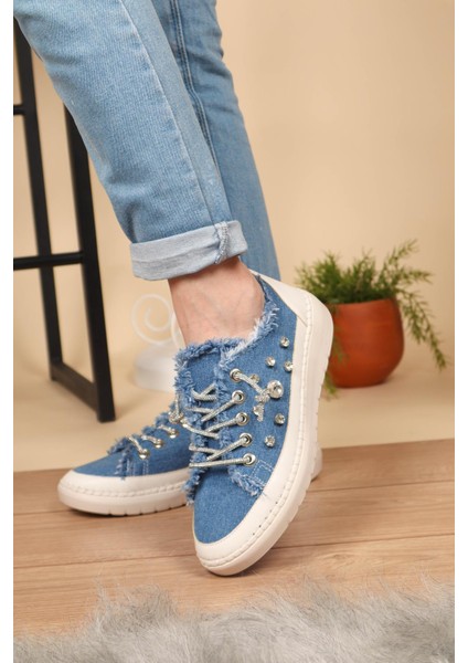 Aria 2408 Kadın Taşlı Kot Sneaker Ayakkabı Mavi