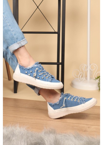 Aria 2408 Kadın Taşlı Kot Sneaker Ayakkabı Mavi