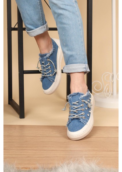 Aria 2408 Kadın Taşlı Kot Sneaker Ayakkabı Mavi