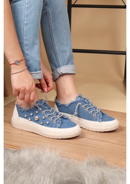 Aria 2408 Kadın Taşlı Kot Sneaker Ayakkabı Mavi