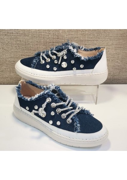 Aria 2408 Kadın Taşlı Kot Sneaker Ayakkabı Lacivert