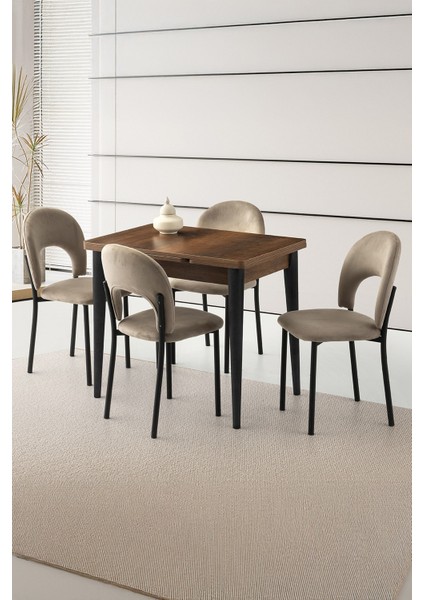 Yanlardan Açılır Yakamoz 90X60 cm Ceviz Masa 4 Adet Ay Sandalye