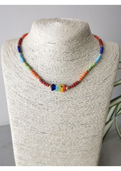 Murano Cam Balık Gökkuşağı Renkli Boncuklu Kolye Kadın