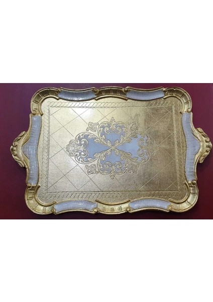 Gold Beyaz Desenli Italyan Gül Ağacı El Yapımı Dikdörtgen Büyük Tepsi 54,5X35,5CM 1 Adet
