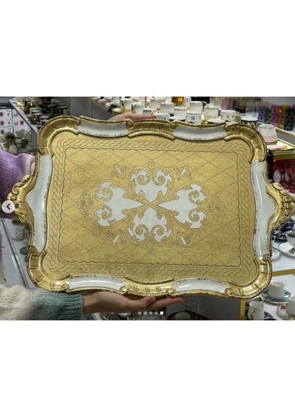 Gold Beyaz Desenli Italyan Gül Ağacı El Yapımı Dikdörtgen Büyük Tepsi 54,5X35,5CM 1 Adet fiyatları