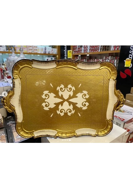 Gold Beyaz Desenli Italyan Gül Ağacı El Yapımı Dikdörtgen Büyük Tepsi 54,5X35,5CM 1 Adet modelleri