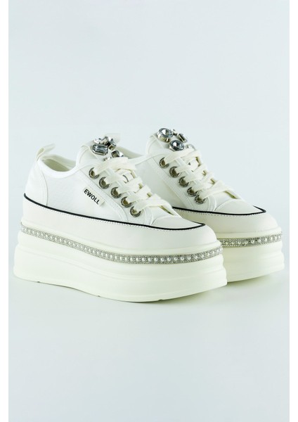 Beyaz Yüksek Taban Kristal Taşlı Inci Detaylı Bağcıklı Gelin Platform Sneaker