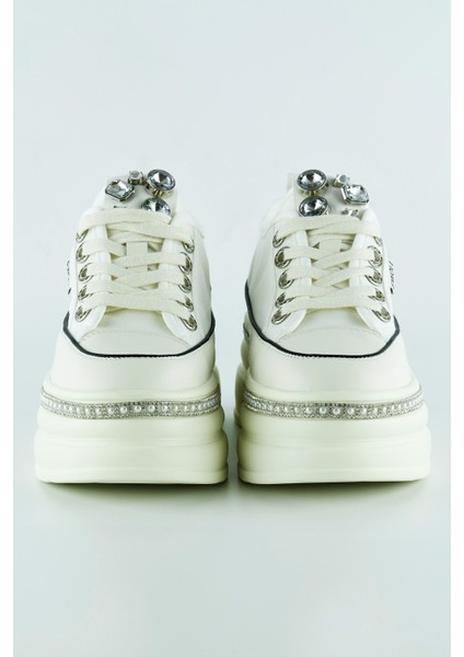 Beyaz Yüksek Taban Kristal Taşlı Inci Detaylı Bağcıklı Gelin Platform Sneaker fiyatları