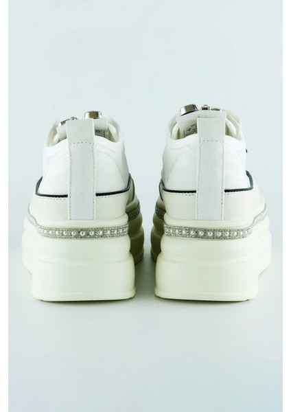 Beyaz Yüksek Taban Kristal Taşlı Inci Detaylı Bağcıklı Gelin Platform Sneaker modelleri