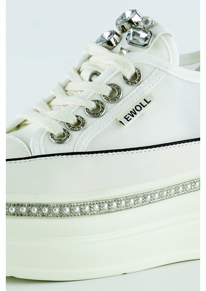 Beyaz Yüksek Taban Kristal Taşlı Inci Detaylı Bağcıklı Gelin Platform Sneaker fırsatları