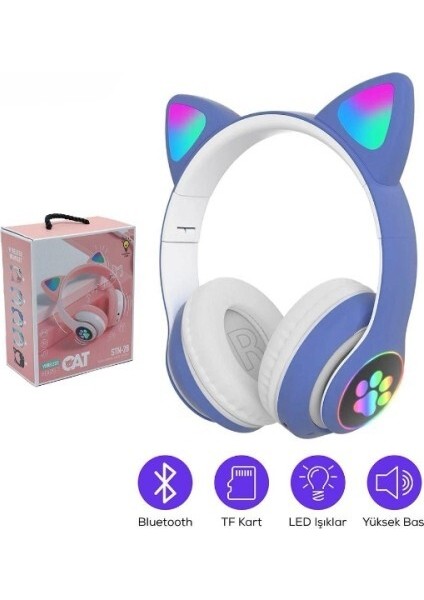 Kedi Figürlü Bluetooth Kulaklık Mavi Renkli
