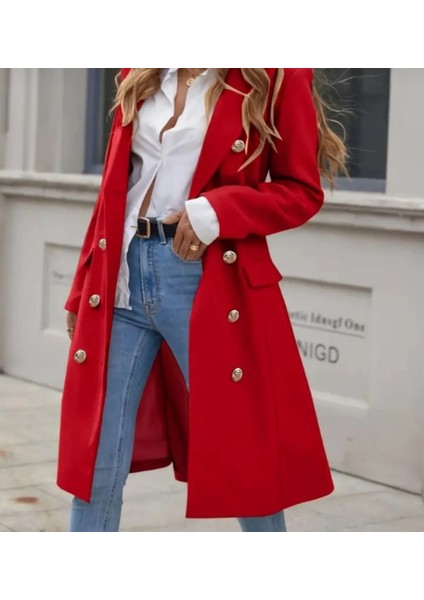 Kadın Uzun Kollu Yakalı Önden Düğmeli Midi Kaşe Kaban