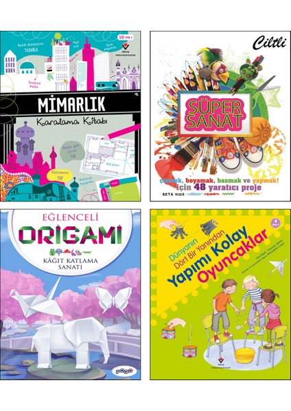 Mimarlık Karalama Kitabı + Süper Sanat + Eğlenceli Origami Kağıt Katlama Sanatı + Dünyanın Dört Bir Yanından Yapımı Kolay Oyuncaklar / 4lü Set Çocuklar için Sanat Mimarlık Aktivite Kitapları
