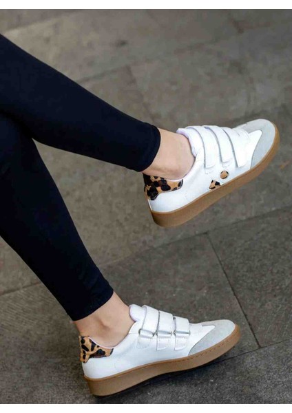 Belinda Beyaz Cilt Leopar Desenli Cırtlı Kauçuk Taban Kadın Sneaker Ayakkabı