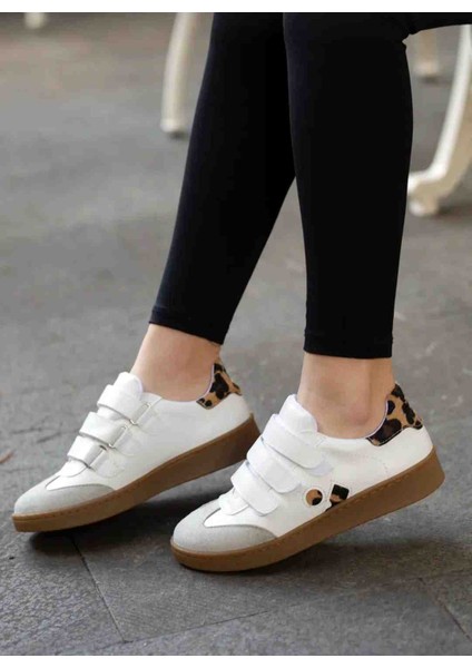 Belinda Beyaz Cilt Leopar Desenli Cırtlı Kauçuk Taban Kadın Sneaker Ayakkabı modelleri