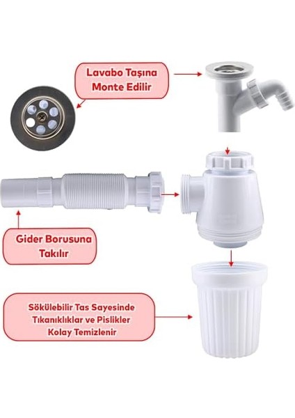 Çift Giderli Pis Su Sökülebilir Tas'lı Sifon Körüklü Temizlenebilir Mutfak Banyo Lavabo Borusu Gideri