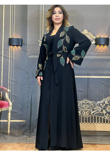 Abaya Üst Uzun Krep Kumaş Yüksek Kalite Işlemeli Siyah Kemerli modelleri