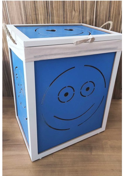 Çamaşır Kirli Sepeti Ahşap Çamaşırlık Mavi Gülen Yüz