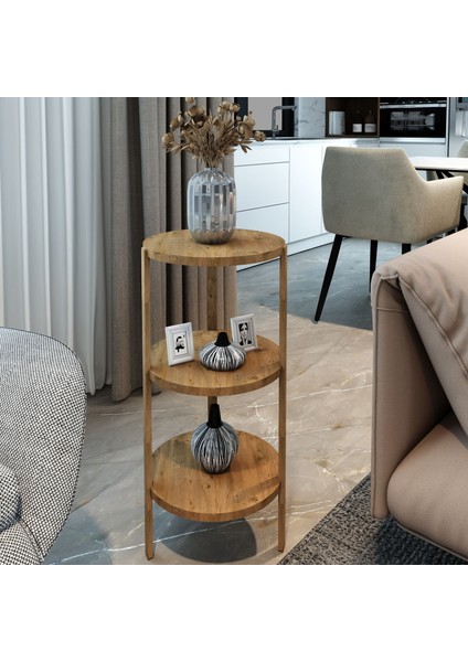 Miray Atlantik Çam 3 Raflı Yuvarlak Ahşap Sehpa / Çok Amaçlı Kullanım / , Şık Tasarım