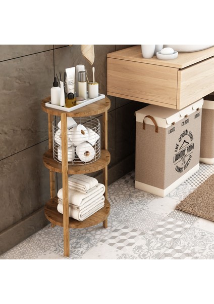 Miray Atlantik Çam 3 Raflı Yuvarlak Ahşap Sehpa / Çok Amaçlı Kullanım / , Şık Tasarım