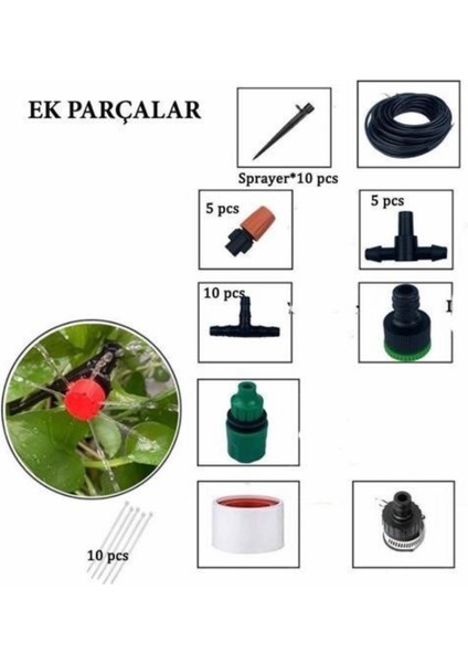 10 Metre Bahçe Damlama Sulama Sistemi Seti Hortum ve Ek Parçaları