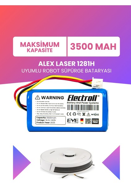 Alex Laser 1281h Uyumlu Batarya (MAKSİMUM KAPASİTE) 3500mah Pil Robot Süpürge Bataryası Değişimi
