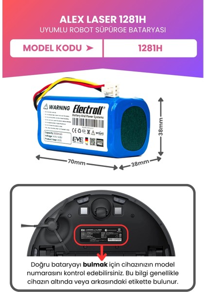 Alex Laser 1281h Uyumlu Batarya (MAKSİMUM KAPASİTE) 3500mah Pil Robot Süpürge Bataryası Değişimi fiyatları